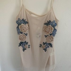 Sheer tank top with floral embroidery